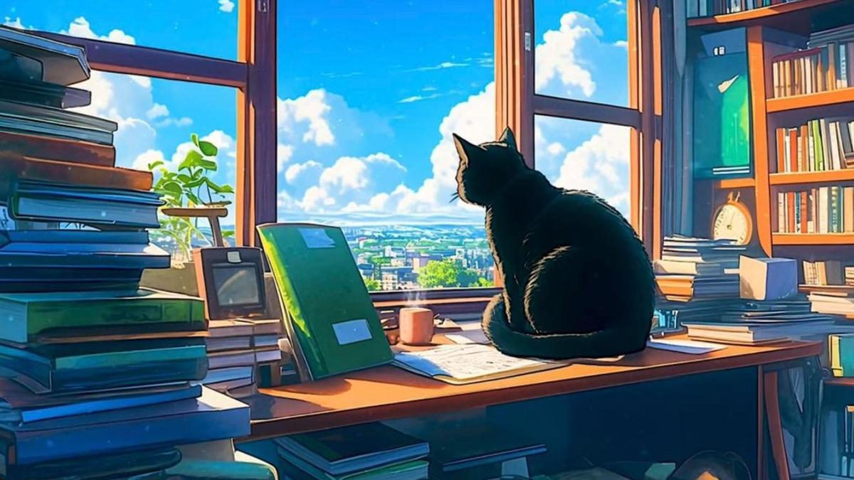 Hình nền máy tính, PC ảnh mèo đen anime ngộ nghĩnh 