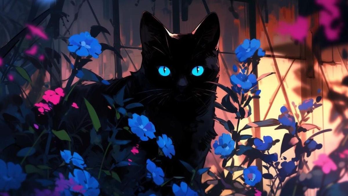 Hình nền máy tính, PC ảnh mèo đen anime ngộ nghĩnh 