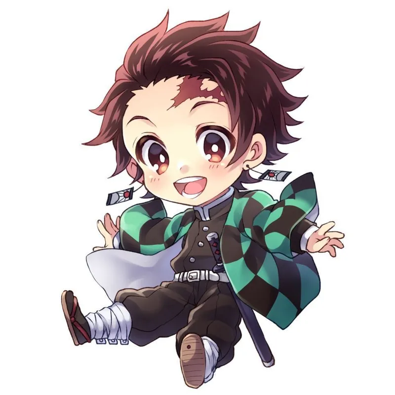 Hình ảnh Tanjiro chibi ngộ nghĩnh với biểu cảm hí hước.