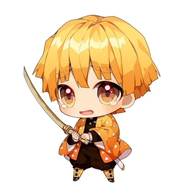 Ảnh Zenitsu chibi cầm kiếm trong tư thế chống chọi